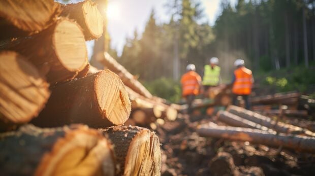Wood logs stacked in a forest with workers in safety gear discussing timber operations during a sunny day.